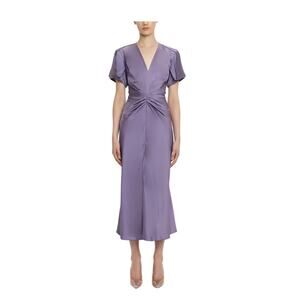 Victoria Beckham Gathered V Neck Midi Dress in Iris UK 8 US 4